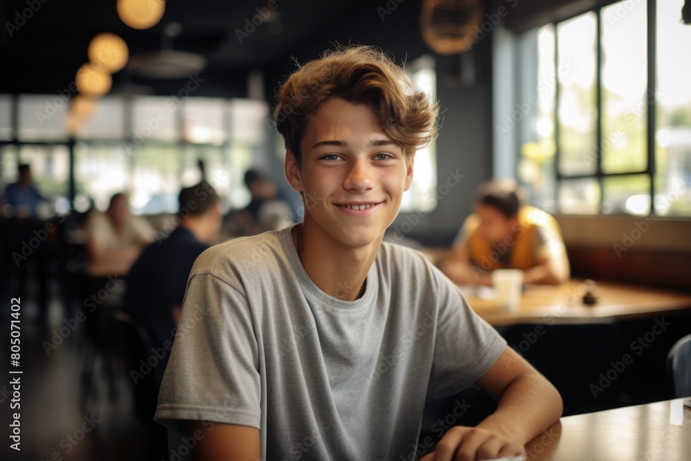 Smiling Teenage Boy Relaxing in a Busy Cafe Environment during the Day Smiling Teenage Boy Relaxing in a Busy Cafe Environment during the Day