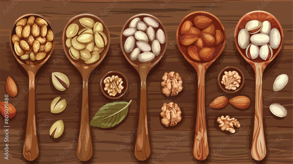 Bowls and spoons with different nuts on wooden background