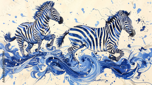 Two zebras running in the ocean with blue and white splashes
