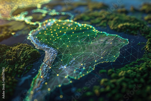 Abstract digital map of South America, concept of global network and connectivity, international data transfer and cyber technology, worldwide business, information exchange and telecommunication photo