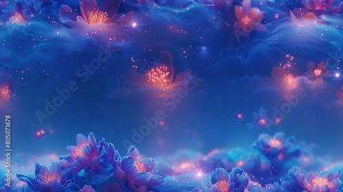   A blue background with pink flowers and a butterfly in the center © Alice