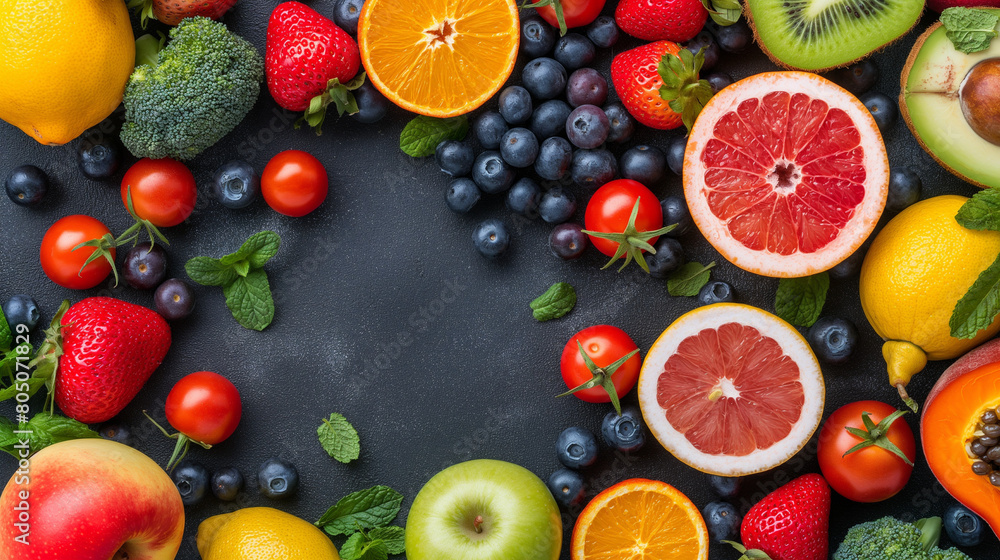 A colorful collection of fresh fruits and vegetables like apples, oranges, bananas, and strawberries. Healthy eating and nutrition banner or poster. Generative ai illustration. A colorful collection of fresh fruits and vegetables like apples, oranges, bananas, and strawberries. Healthy eating and nutrition banner or poster. Generative ai illustration.