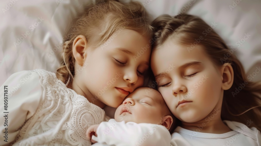 Two young children peacefully sleeping beside a newborn baby, with expressions of tranquility and sibling love in a cozy, soft-focused bedroom setting. Two young children peacefully sleeping beside a newborn baby, with expressions of tranquility and sibling love in a cozy, soft-focused bedroom setting.