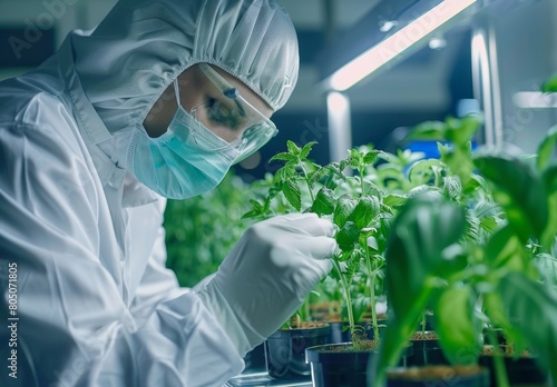 Scientists examine GMO plant in lab - exploring biotech and GMO