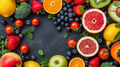 A colorful collection of fresh fruits and vegetables like apples  oranges  bananas  and strawberries. Healthy eating and nutrition banner or poster. Generative ai illustration.