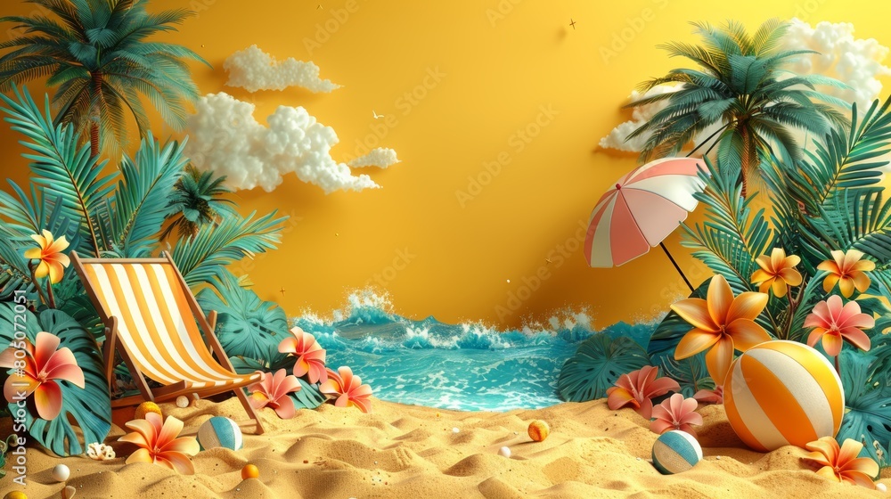Summer Sale Podium with Vibrant Beach Scene, Palm Trees, and Flowers