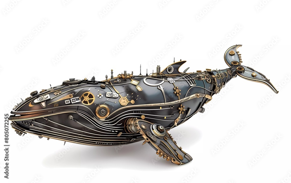 Render of a whale steampunk metal 3D illustration, on a white background Render of a whale steampunk metal 3D illustration, on a white background