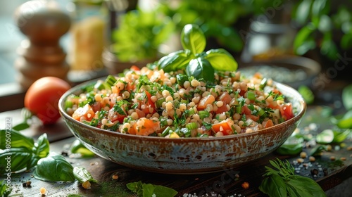 Fresh Farro Tabbouleh Salad with Herbs and Tomatoes. A vibrant and healthy farro tabbouleh salad, rich in fresh herbs and tomatoes, presented in a rustic bowl. photo