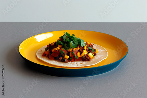 Fresh vegetarian taco with colorful ingredients on a yellow-and-blue plate on a neutral background photo