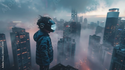 A person stands above a foggy cityscape wearing a gas mask, suggesting a dystopian scene or protection against pollution with a futuristic urban backdrop.