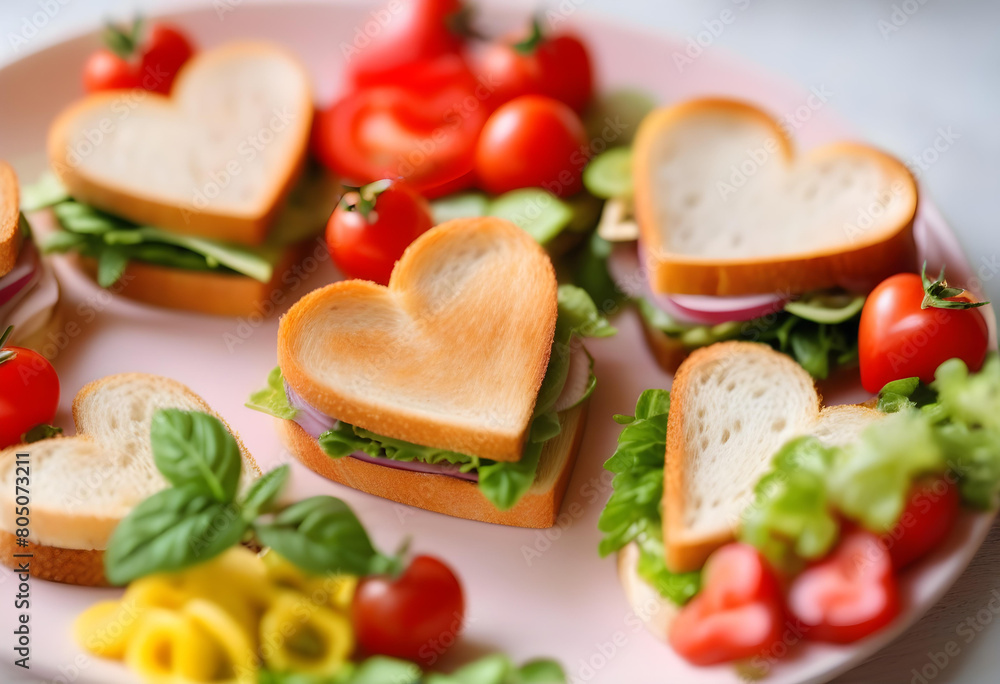 A plate of heart-shaped sandwiches with colorful vegetable on a wooden table A plate of heart-shaped sandwiches with colorful vegetable on a wooden table