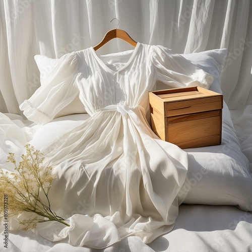 a dress gracefully laid on a pristine bed, with a wooden box adorned by a white cloth resting nearby, imbuing the scene with a touch of rustic charm and simplicity. The composition emphasizes soft pas