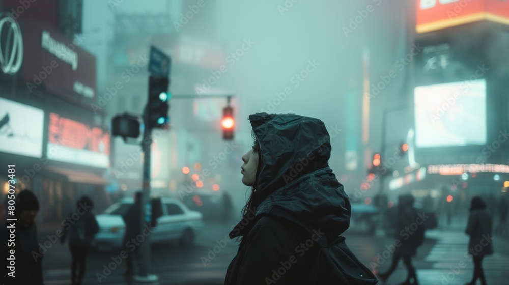 A person in a hooded jacket stands in a misty, urban street at night with city lights and traffic lights visible in the background. A person in a hooded jacket stands in a misty, urban street at night with city lights and traffic lights visible in the background.