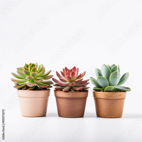 Three colorful succulents in terracotta pots against a clean white backdrop
