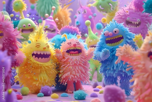 Vibrant 3D Animated Whimsical Creatures Frolicking in Joyful Laughter photo