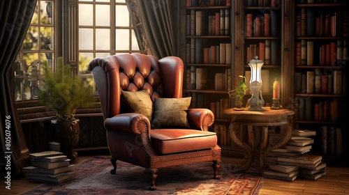 An elegant wingback chair in a cozy reading nook, beckoning you to sink in and get lost in a good book