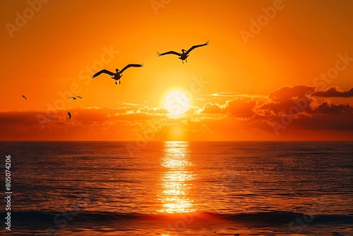 Sunrise Sunset Sun Sunny Ocean. A golden sunrise that could also be a sunset over the ocean with pelicans flying by. .