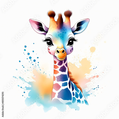 Giraffe portrait on colorful watercolor background. Vector illustration.