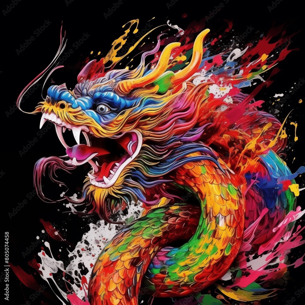 Abstract Colorful Illustration of a Chinese Dragon on a Black Background