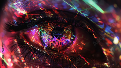 A symphony of geometric shapes pulsating with energy, depicting the vibrant complexity of a digital eye's consciousness.