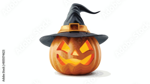 Carved pumpkin for Halloween with stylish hat on white