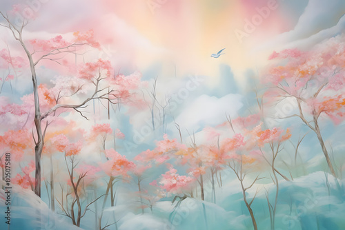 hopeful forest above clouds  abstract landscape art  painting background  wallpaper