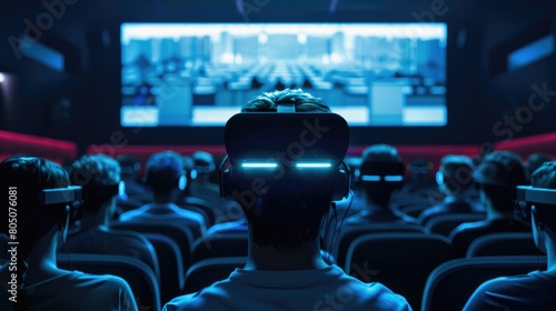 Audience wearing AR/VR eyeglasses, watching movie in cinema room, luxury interior design theater, AI generated for ads photo