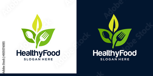 Healthy food logo design template. Organic food logo design vector. Fork, spoon, knife and leaves graphic symbol icon