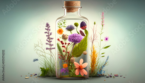 Herb oil bottles homeopathy herbs. Generative AI, © Erik