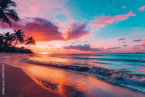 Vibrant Tropical Sunset with Palm Trees