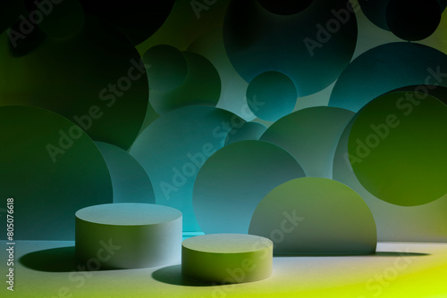 Abstract stage for presentation skin care products - two round podiums mockup in dark blue acid green glowing light, bubbles fly decor. Template for showing cosmetics in futuristic style.