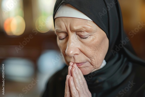 Serene caucasian nun in black habit praying devoutly inside a church, religious devotion photo