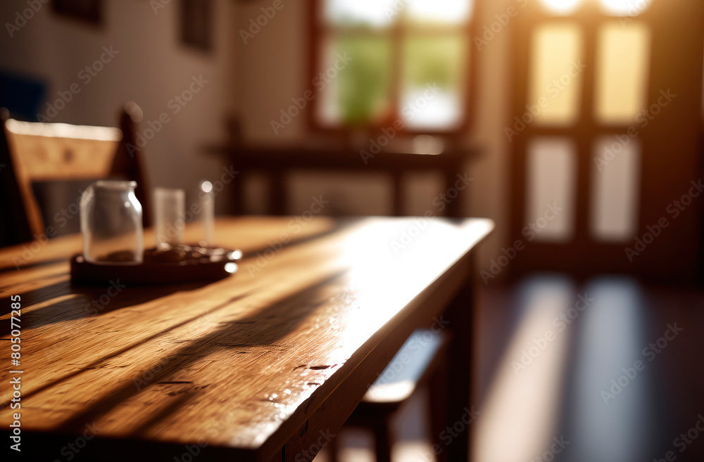 a wooden table in the foreground and a beam of light. Generative AI, a wooden table in the foreground and a beam of light. Generative AI,