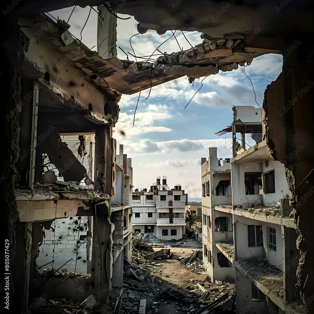 The aftermath of war: a desolate urban landscape with dilapidated buildings, abandoned ruins, and debris scattered amidst the desolation and destruction of the warzone