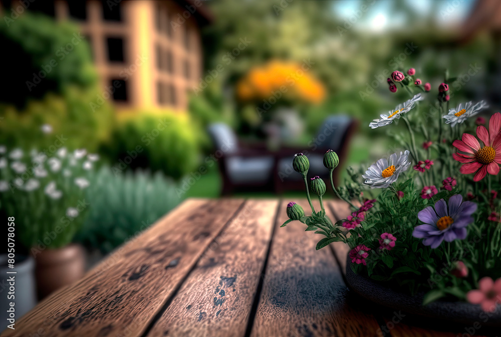 Fototapeta premium Wooden table place for an object in the garden with flowers. Generative AI,