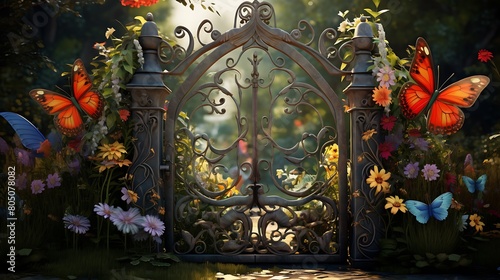 A charming garden gate with a whimsical butterfly motif, adding enchanting charm to a lush flower garden