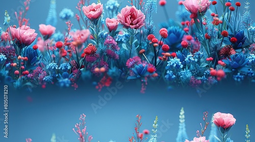  Pink-blue flowers on blue background with red-white-blue border