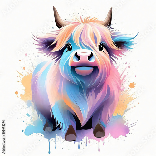 Cute bull with colorful splashes on white background. illustration.