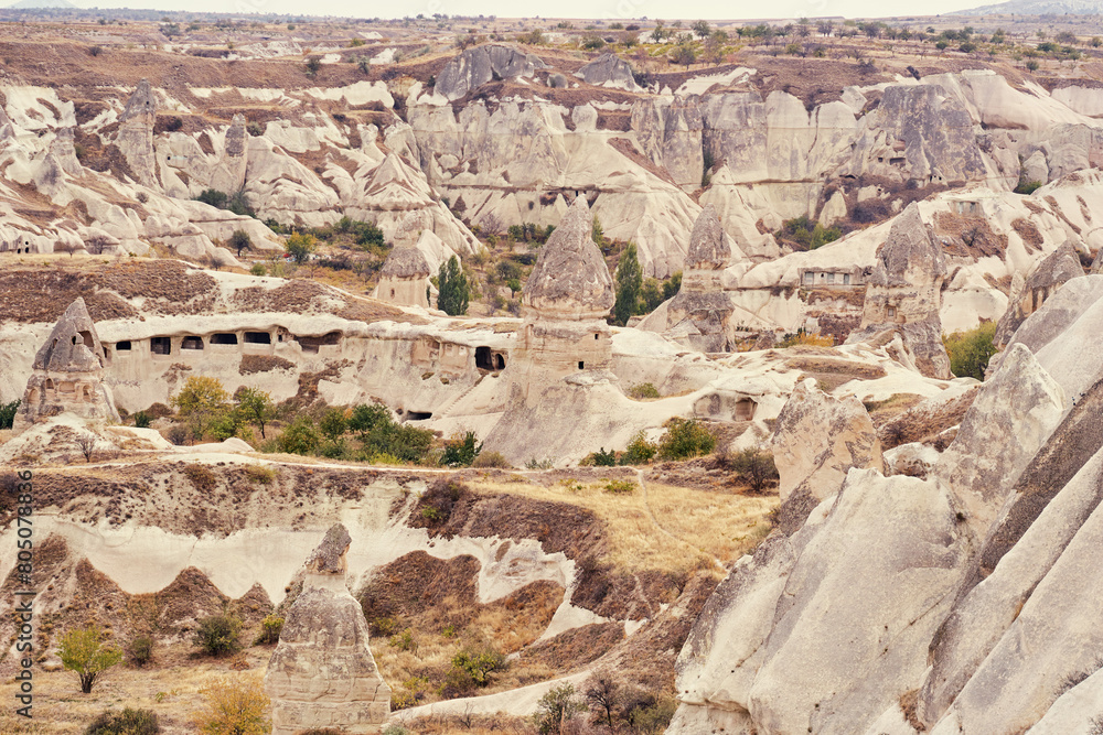 Travel and tourism in Turkey. Famous sightseeing Cappadocia, Anatolia. Beautiful landscape with mountains, hills and caves.