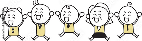 笑顔で飛び上がるデフォルメされた老若男女の人々