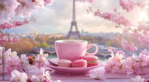 Romantic pink atmosphere in Paris with Eifel Tower view
