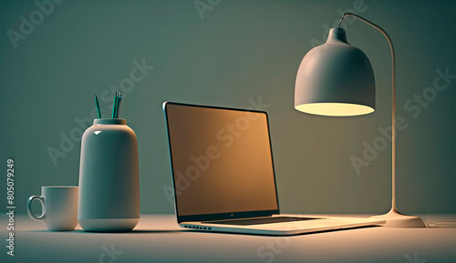 laptop tablet lamp on the table. Generative AI,
