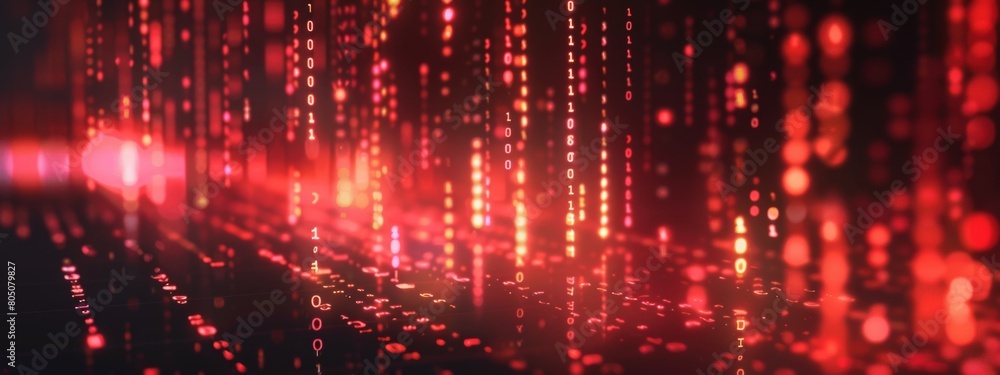 Digital background featuring glowing binary code and computer code on dark background, creating an abstract digital concept. The red light rays add depth to the composition. Digital background featuring glowing binary code and computer code on dark background, creating an abstract digital concept. The red light rays add depth to the composition.