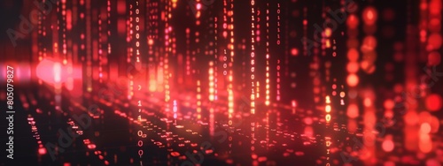 Digital background featuring glowing binary code and computer code on dark background, creating an abstract digital concept. The red light rays add depth to the composition.