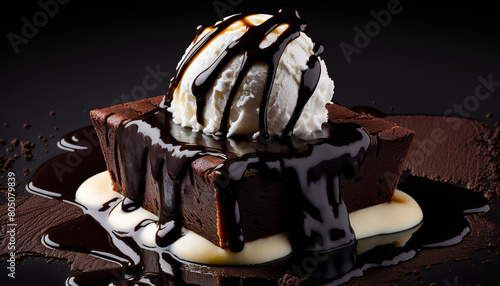 Appetizing chocolate brownie close-up with vanilla ice cream, poured with dark chocolate on a black background. Generative AI, photo