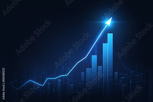 Blue growth graph business chart data diagram on success financial presentation background with abstract up arrow bar symbol