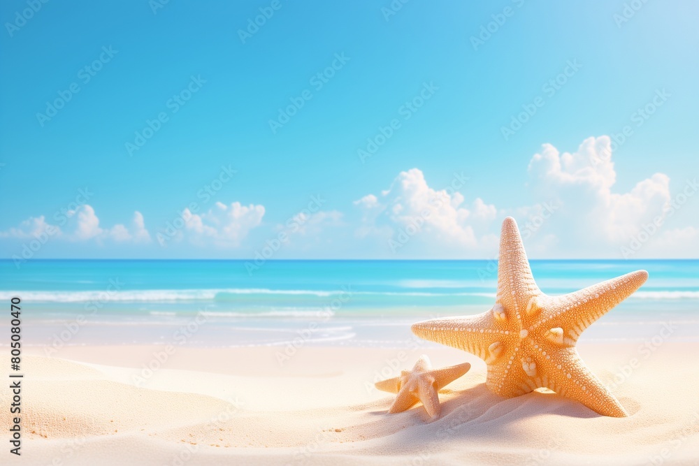 Starfish on summer sunny beach at ocean background. Travel, vacation concepts Starfish on summer sunny beach at ocean background. Travel, vacation concepts