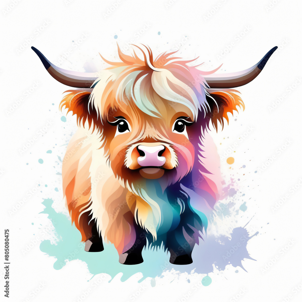 Bull head with colorful splashes isolated on white background. illustration.