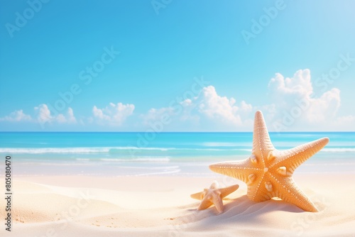 Starfish on summer sunny beach at ocean background. Travel  vacation concepts