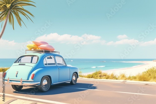 Vintage car with beach accessories on roof parked on road near seashore © kenkuza